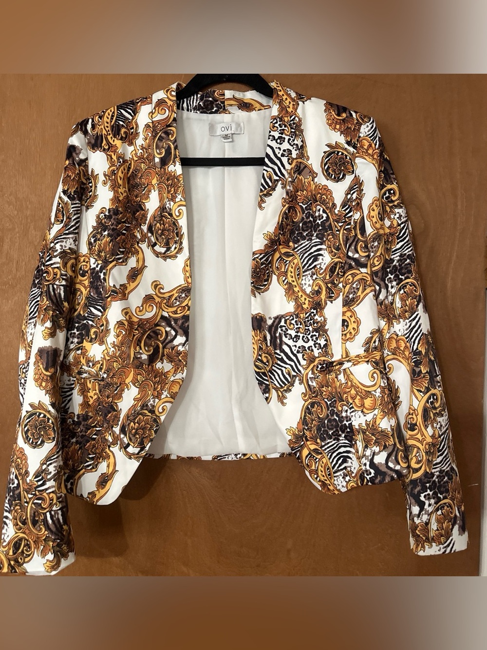 Ovi White Blazer with Gold and Brown Baroque Print